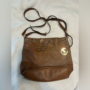 Michael Kors Hobo Crossbody Stylish Brown Leather Shoulder Bag with Gold Accents